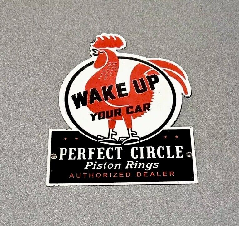 VINTAGE 12” PERFECT CIRCLE PISTONS RINGS ROOSTER PORCELAIN SIGN CAR GAS OIL