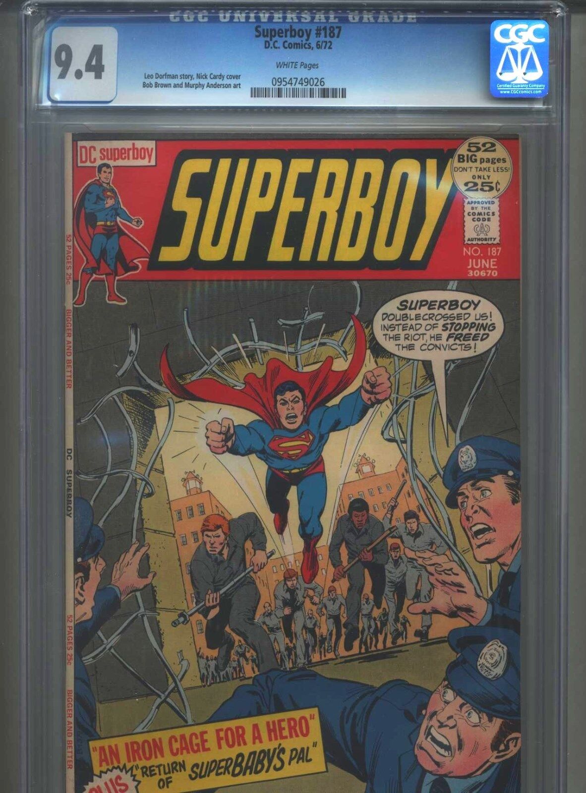Superboy #187 CGC 9.4 (1972) Nick Cardy Cover White Pages Only 7 Copies Higher