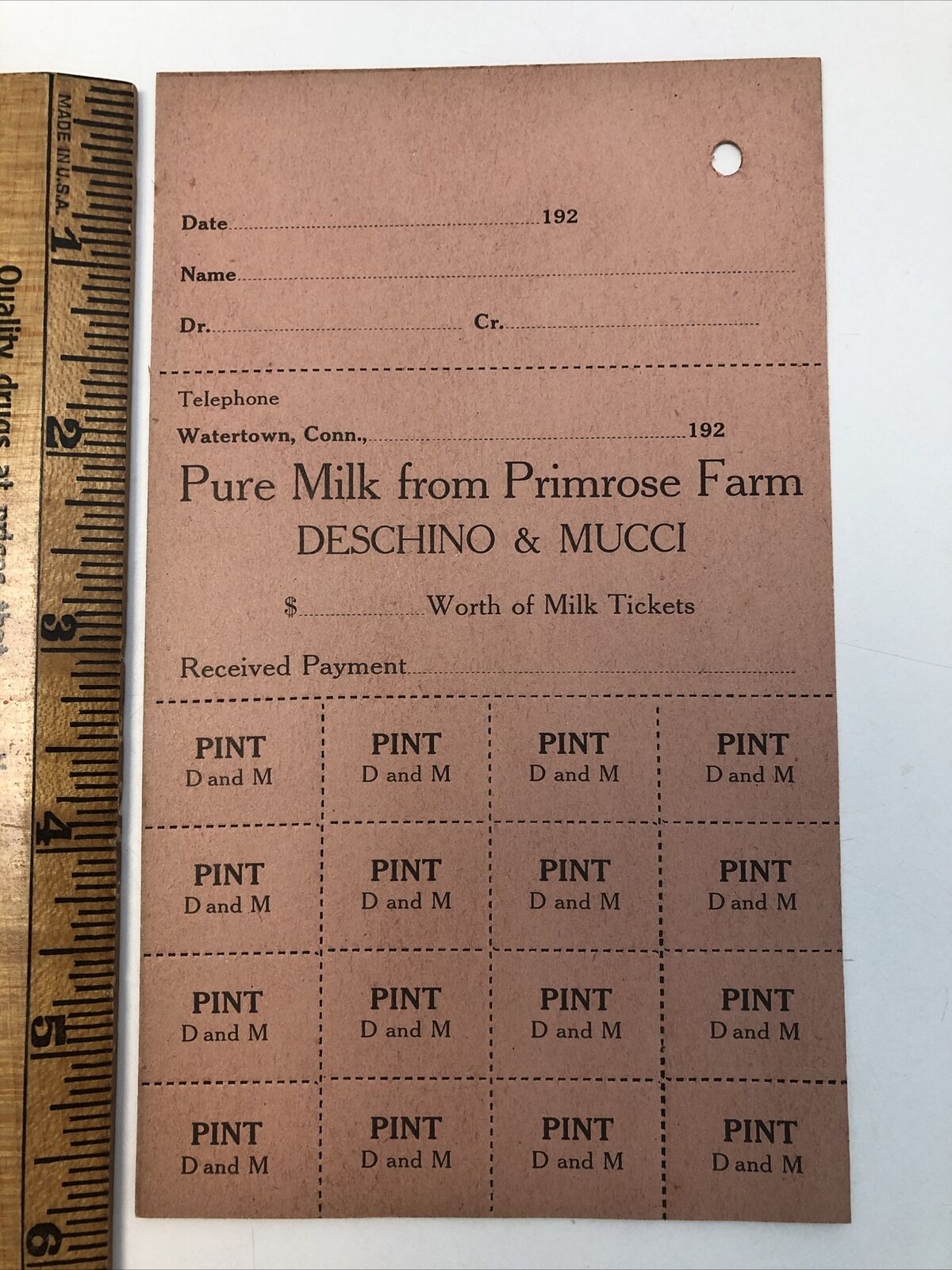 1920\'s Deschino & Mucci Primrose Farm Milk Tickets WATERTOWN, CT D and M vtg