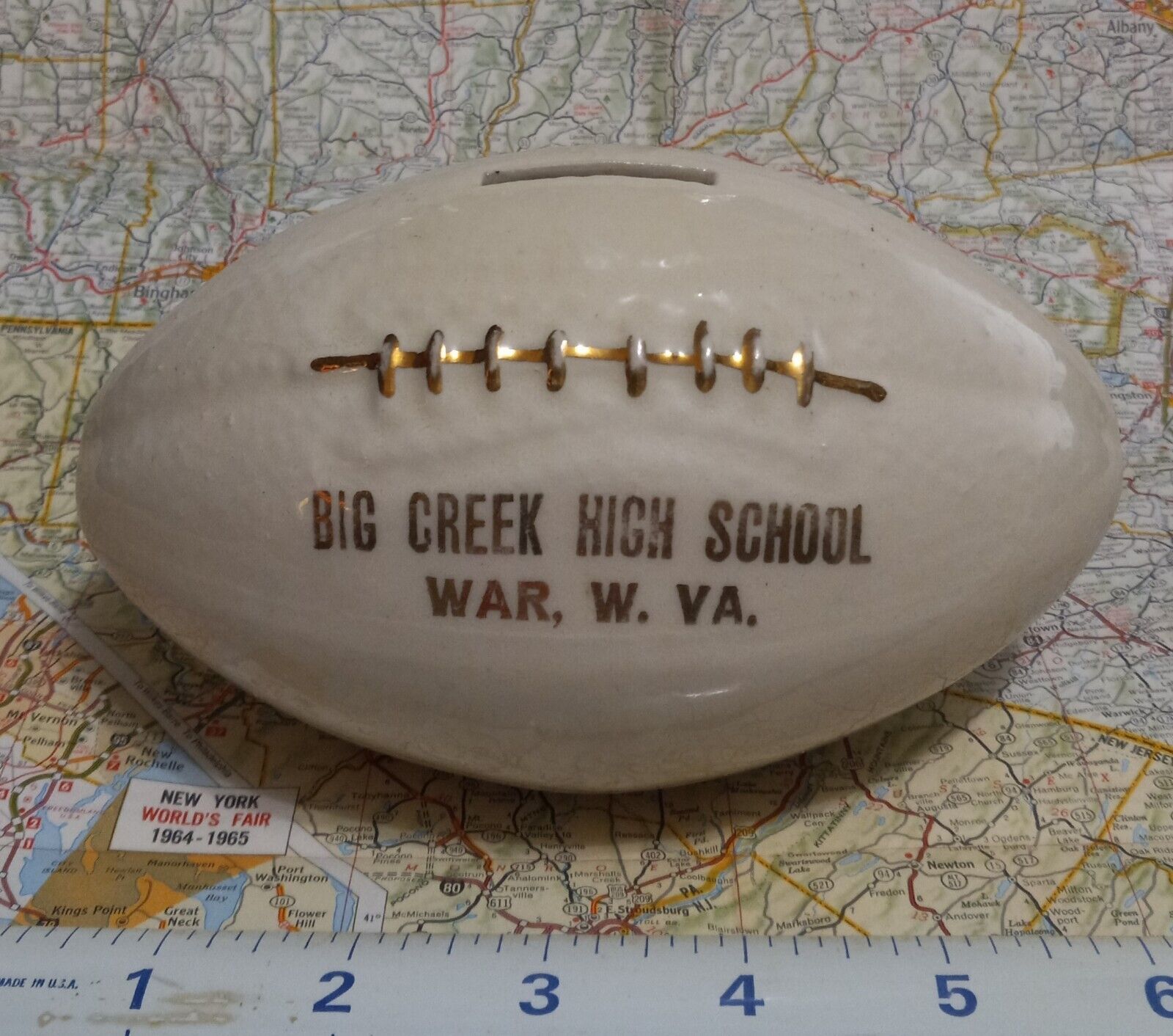 Vtg Defunct Big Creek High School Ceramic Football Bank War West Virginia