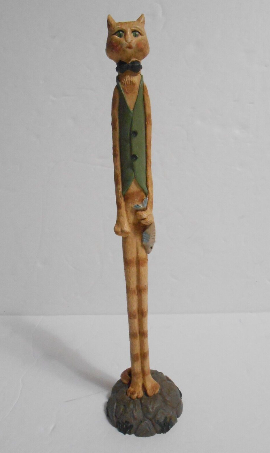 1991 Old World Pencil CAT with Fish Figurine 11.25” Hand Carved Wood Jim Shore