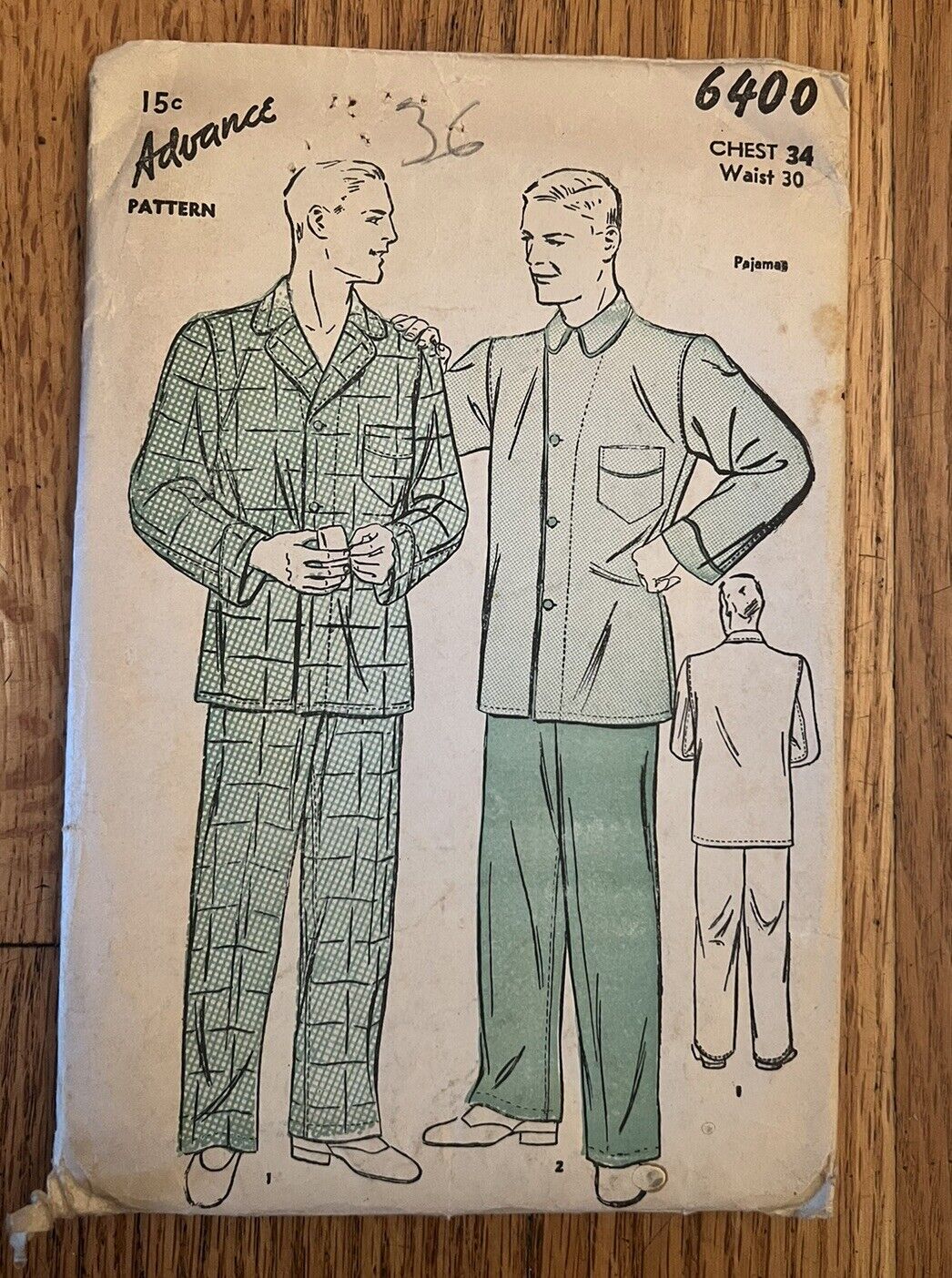 1930s Antq Advance Sewing Pattern 6400 Mens Pajamas 2 Styles Size 34 Chest