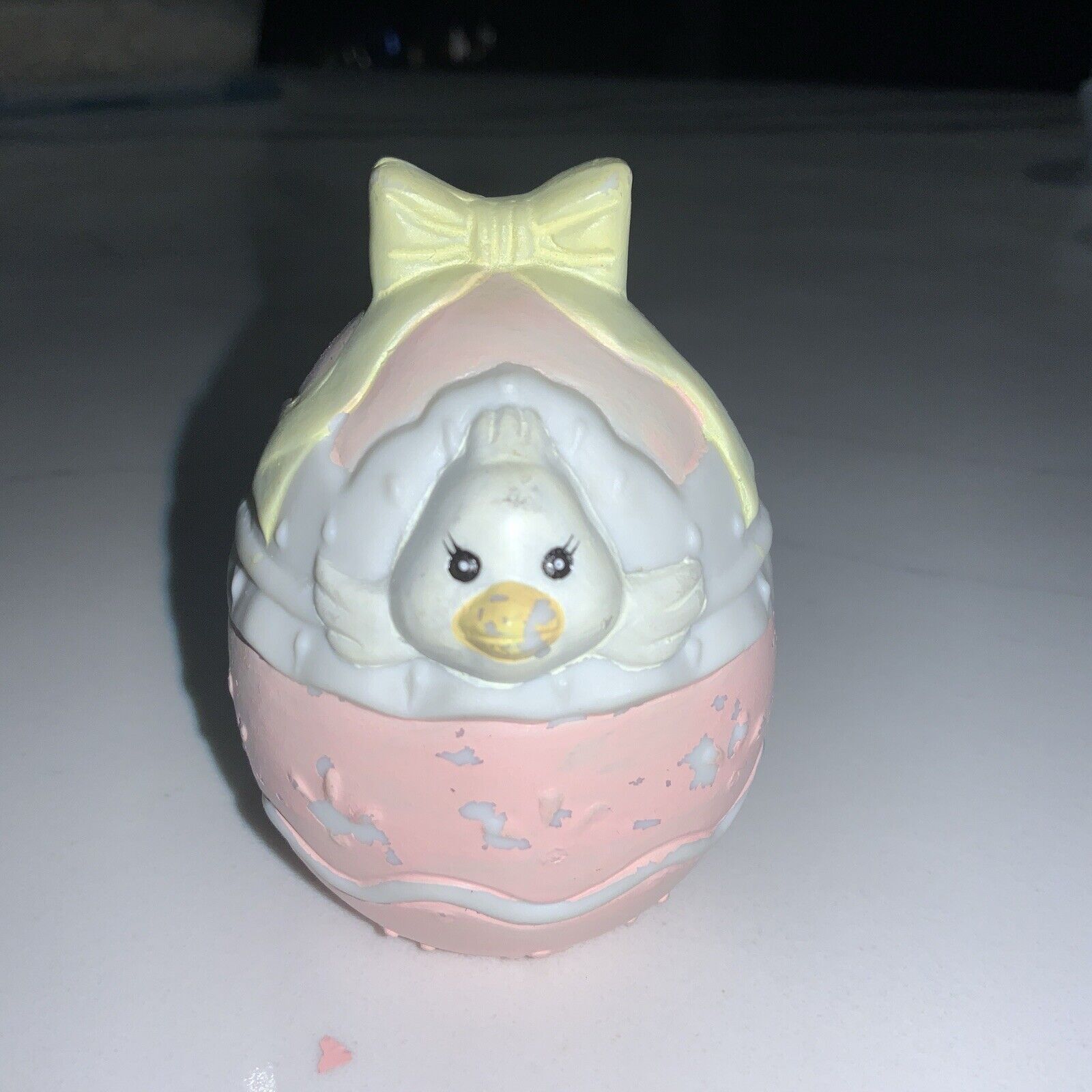 Vintage: Hand Painted Porcelain Egg with Duck - Pink, White, with Yellow Ribbon