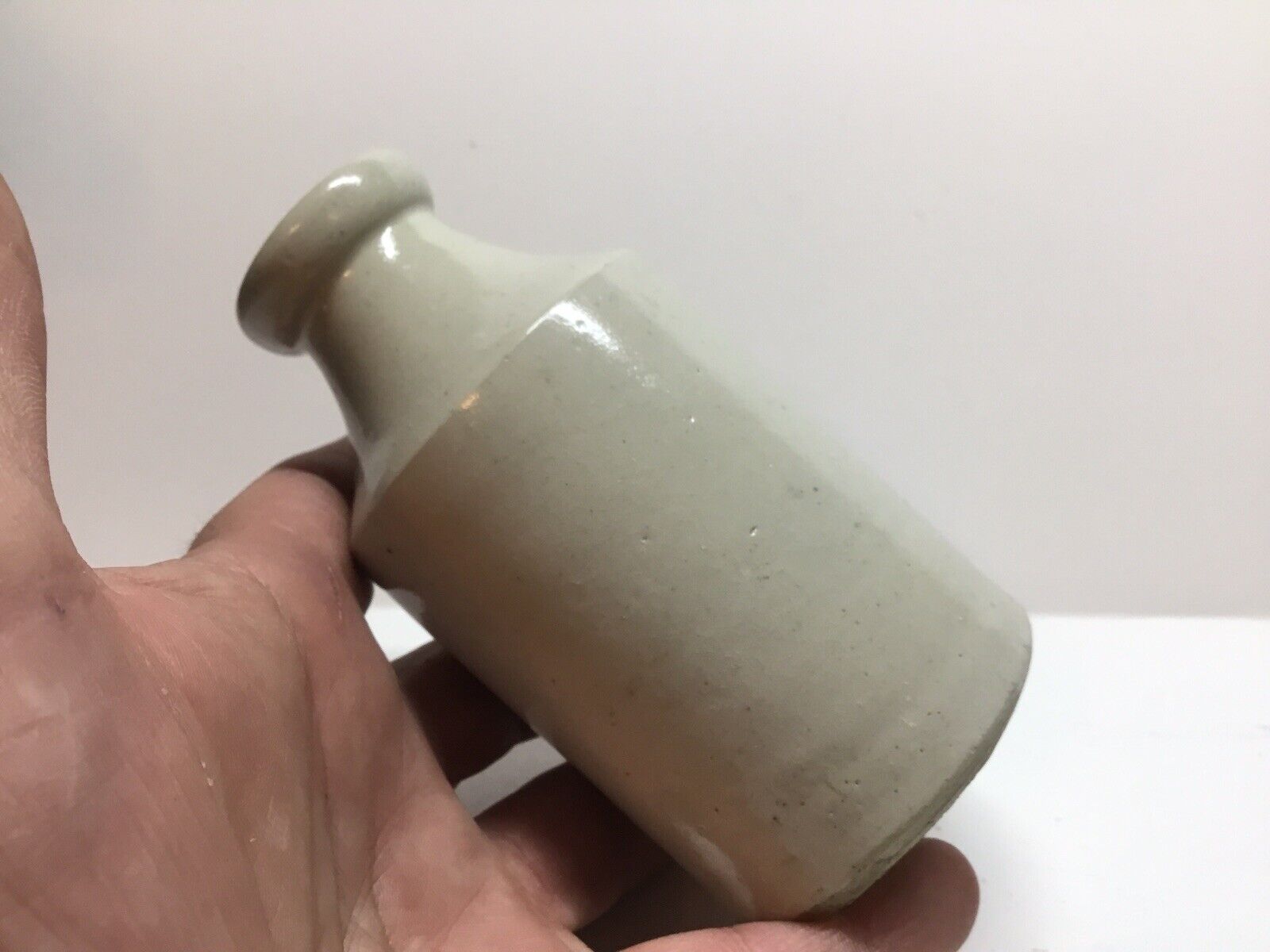 Small Squatty Antique Stoneware Utility / Polish Bottle. 4 3/4 Inches Tall.