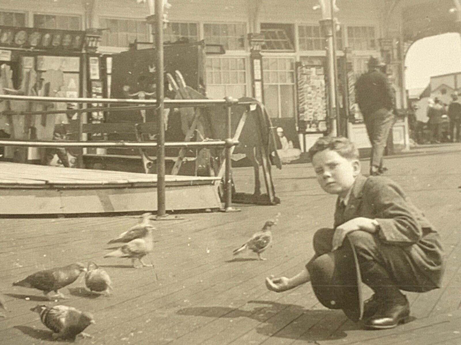 C8 Found Photograph Boy Feeding Pigeons Brighton Pier Sussex Circa 1930\'s *TORN*