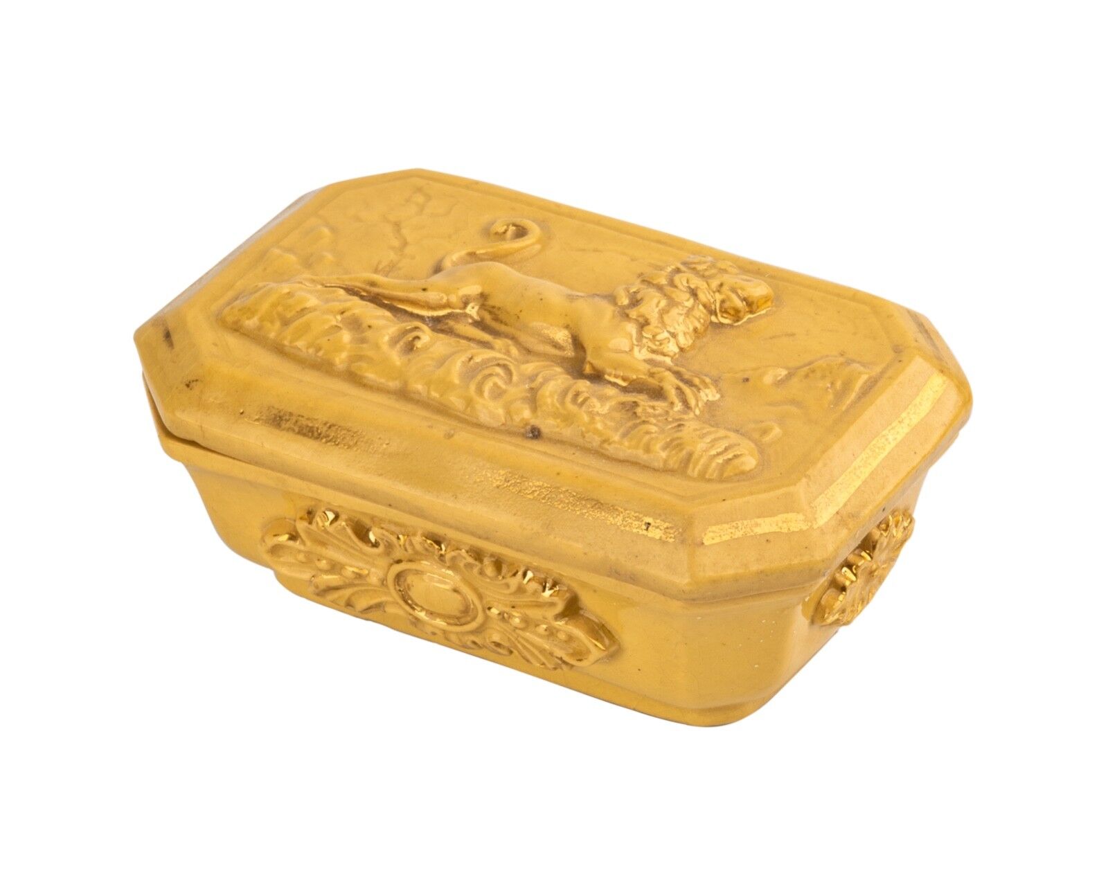 An Antique Yellowware Lion Decorated Match Safe Yellow Ware Animals Box
