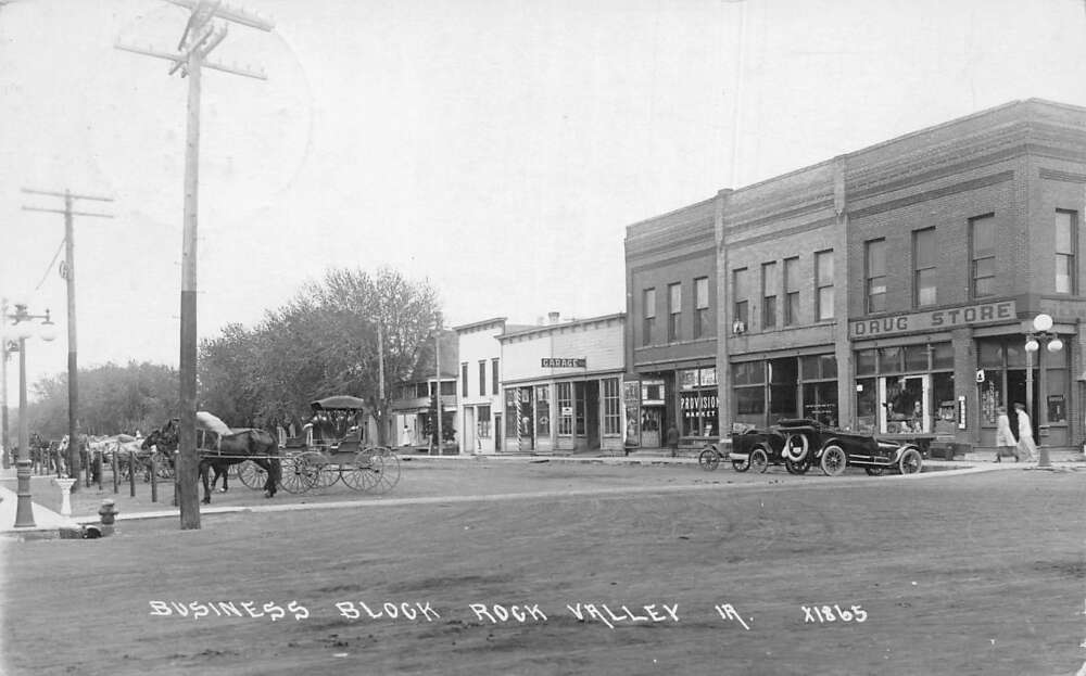 Rock Valley Iowa Business Block, Drug Store Real Photo Vintage Postcard U5908