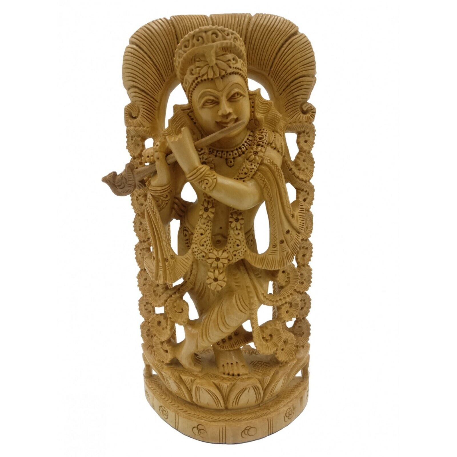 Beautiful Handcrafted Wooden Lord Krishna Playing Flute Statue From India (DP2)