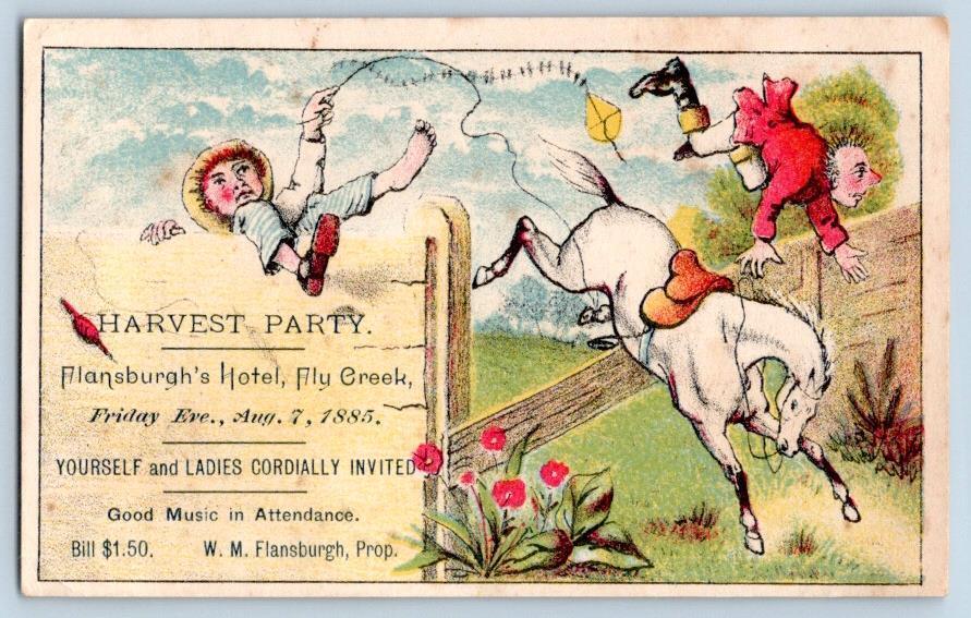 1885 FLY CREEK NEW YORK FLANSBURGH\'S HOTEL HARVEST PARTY VICTORIAN TRADE CARD