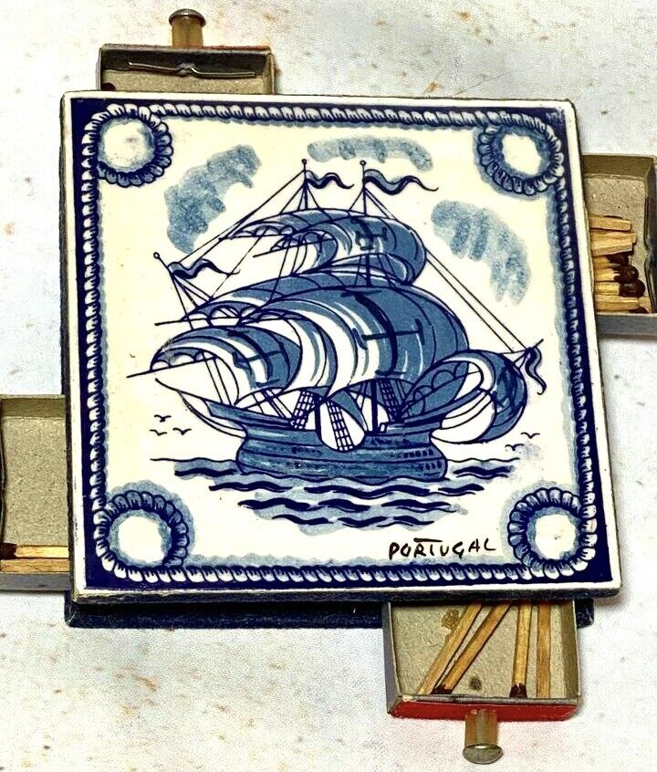 Unique Vintage Portuguese Blue & White Hand Painted Porcelain Box for Matches 
