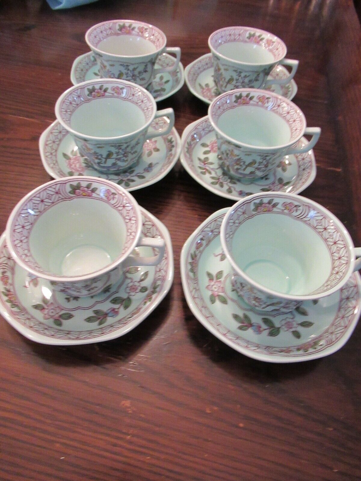 Vintage Calyx Ware Singapore Bird cup and saucers lot of 6 sets blue multi color