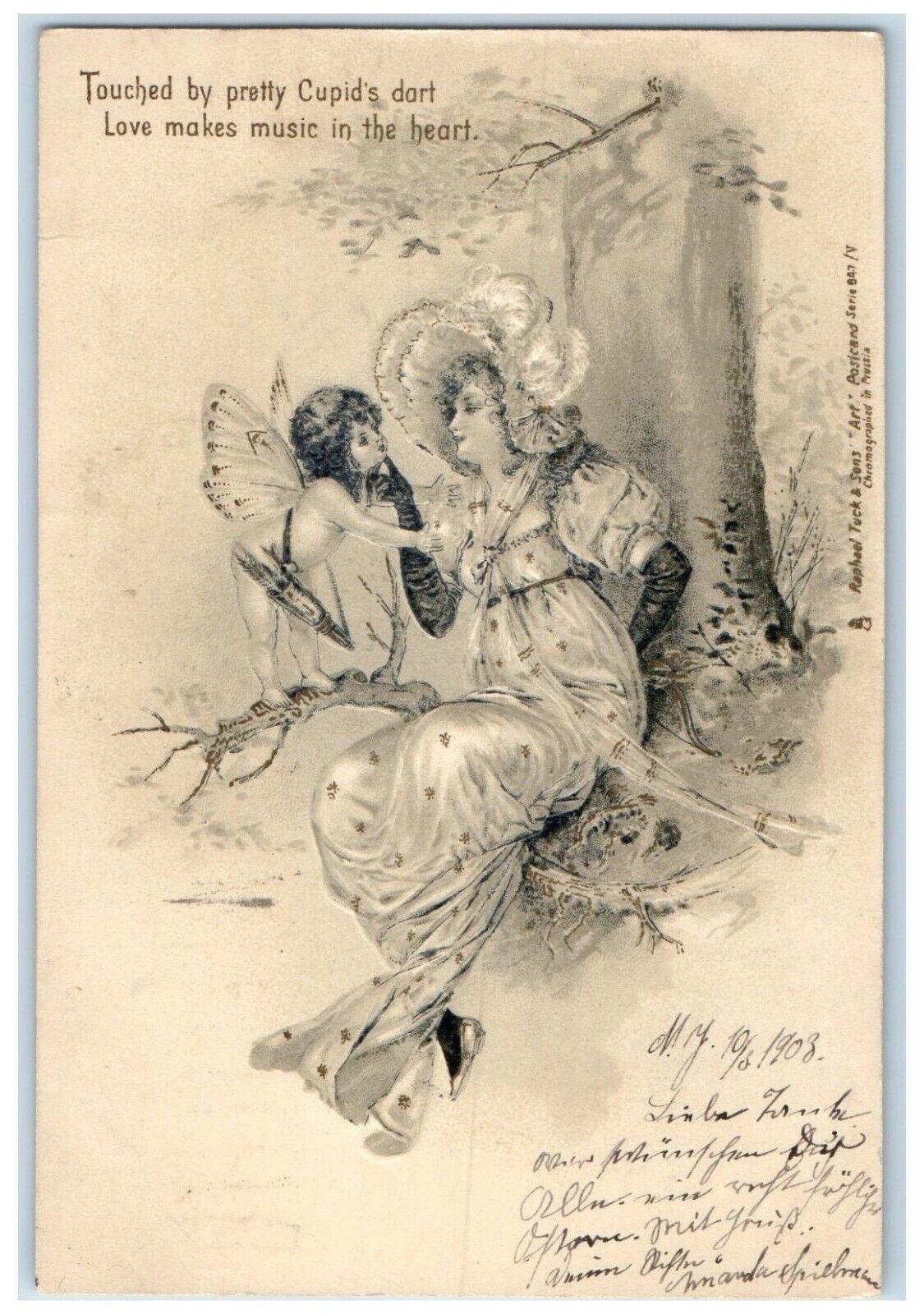 1909 Fair Cupid Fantasy Love Music In The Heart Woman Tuck\'s Antique Postcard