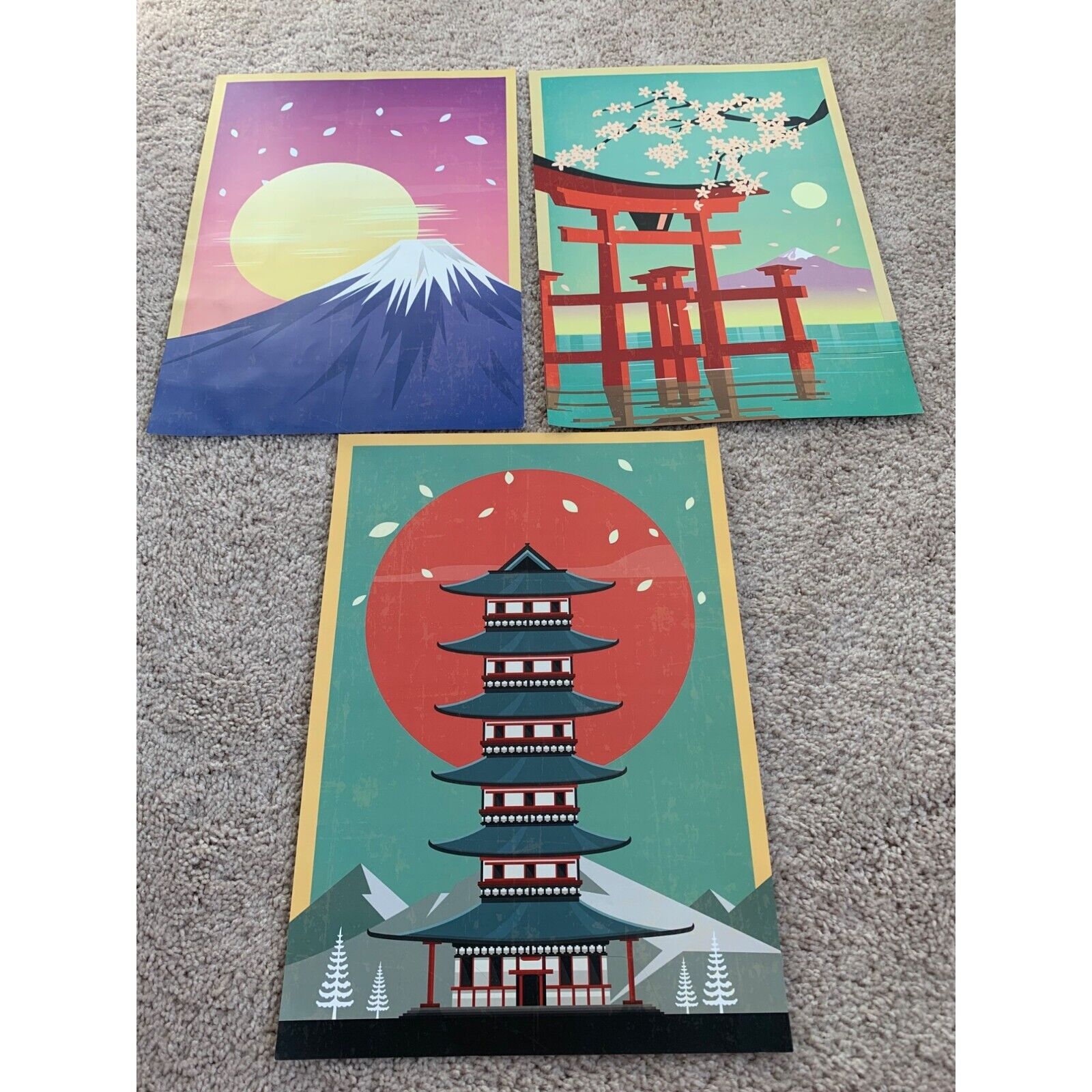 Set Of 3 Japanese Travel Posters - Mt. Fuji Torii Gate & Pagoda Art Prints