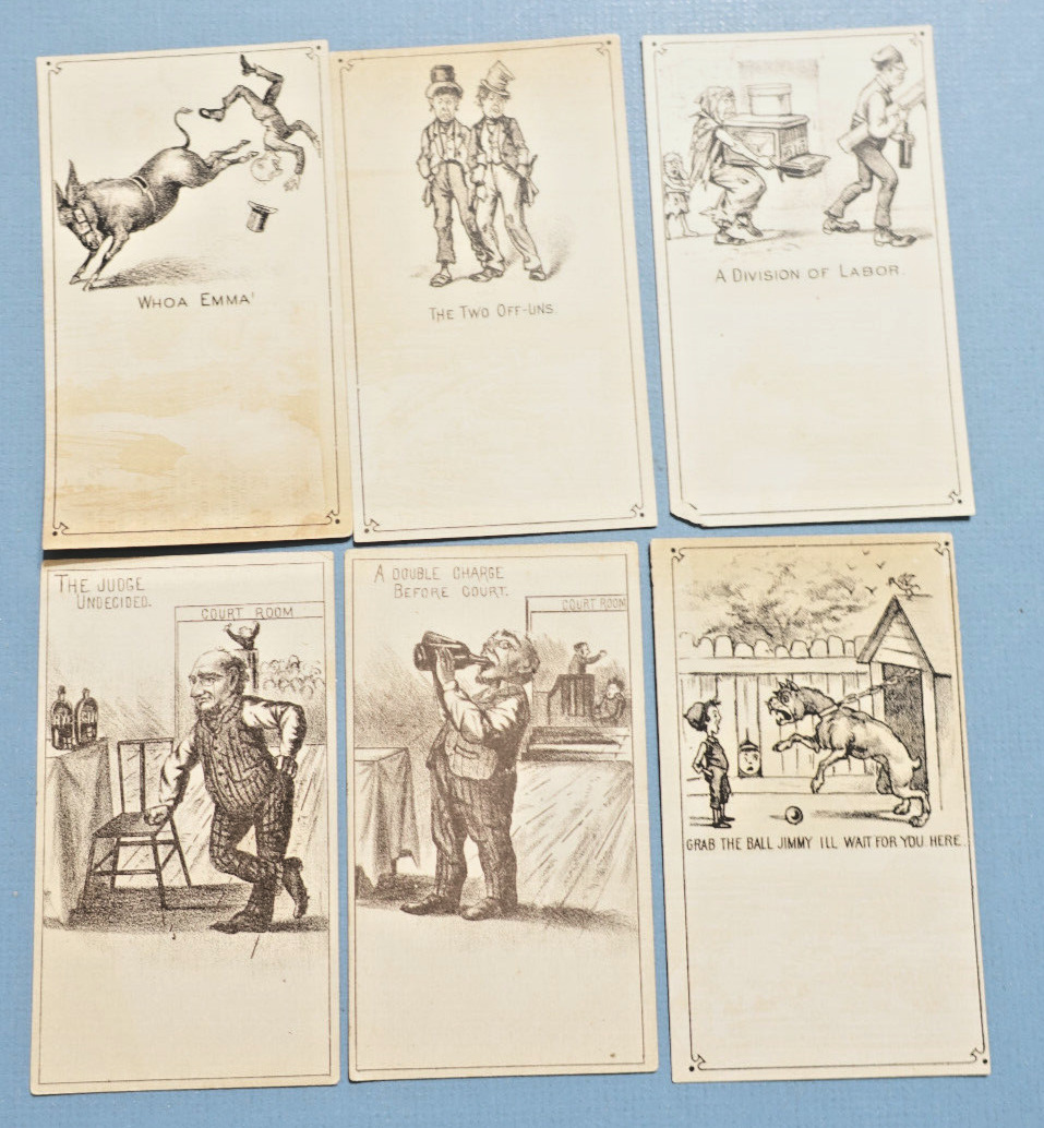 (6) UNPRINTED VICTORIAN TRADE CARDS c.1880\'s - The Two Off-Uns, Judge Undecided+