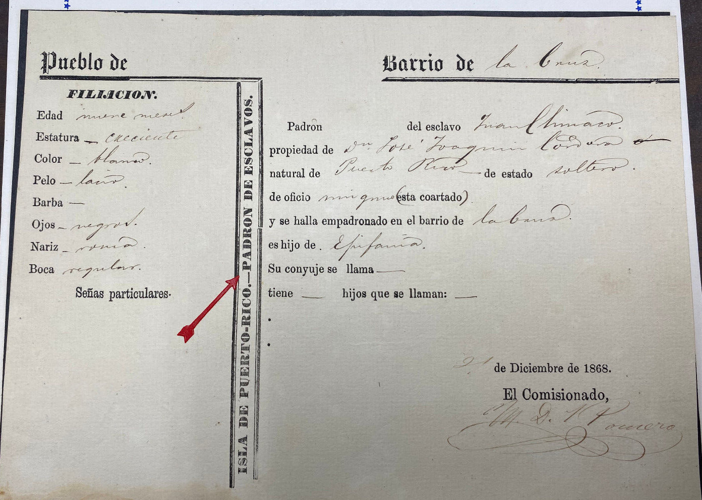 Puerto Rico, 1868, Padron De Esclavo., Arecivo, Niño 9 meses (blanco-pelo lacio)