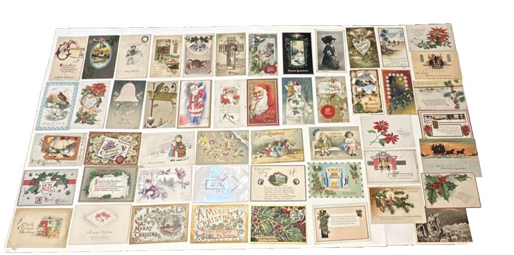 Antique Christmas Postcards Lot of 50 Germany Santa Holly Embossed Glitter Etc