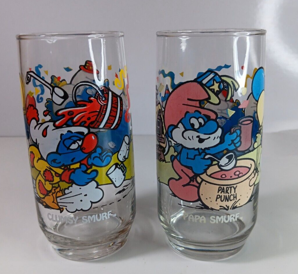 Clumsy & Papa Smurf - Vtg 1983 Mcdonalds Glasses Set
