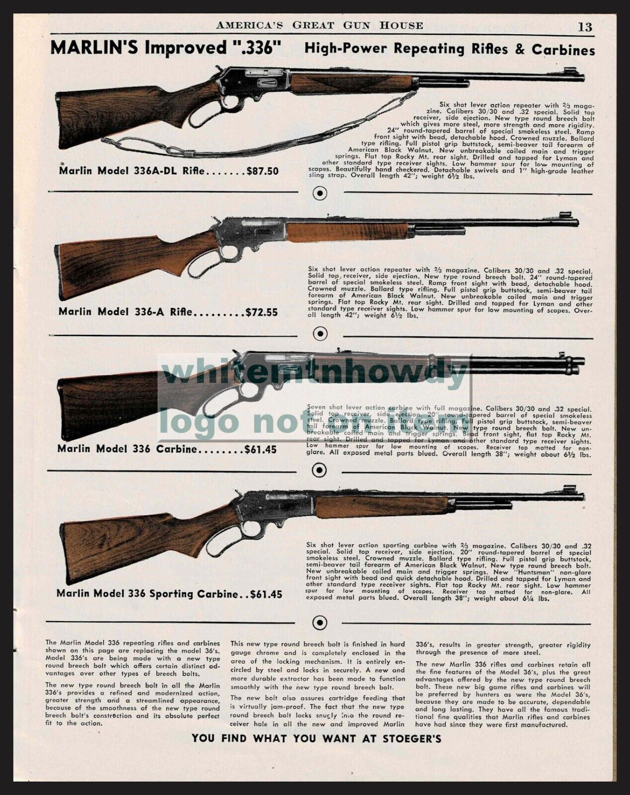 1950 MARLIN 336  PRINT AD 336A-DL, 336-A Rifle 336 Carbine and Sporting Carbine