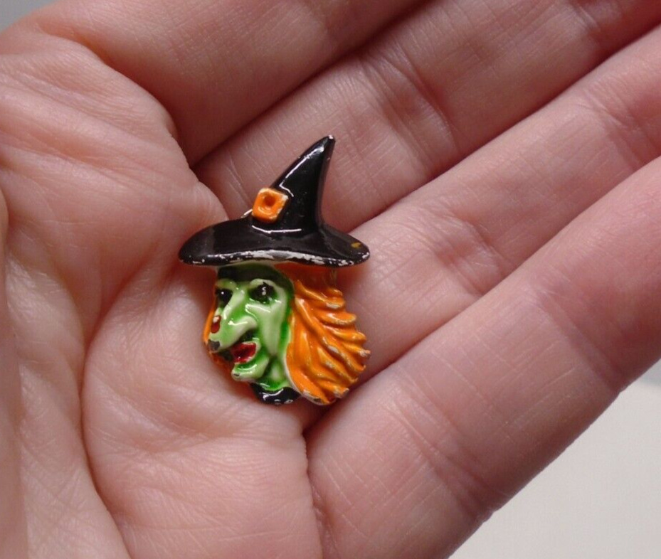 Painted Witch Pin 1 inch Halloween Spooky Festive Green Face Orange Hair w/flaw