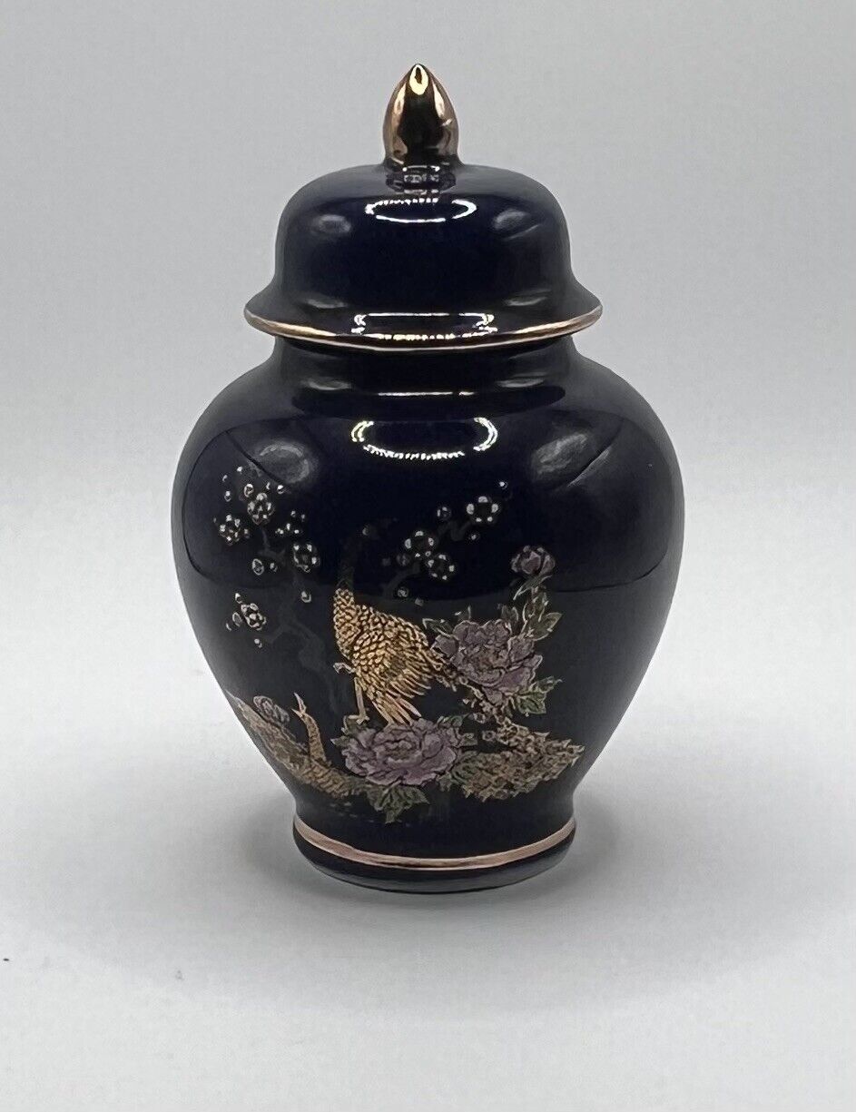 Vintage Small Japanese Ginger Jar Cobalt Blue Peacock Floral Design