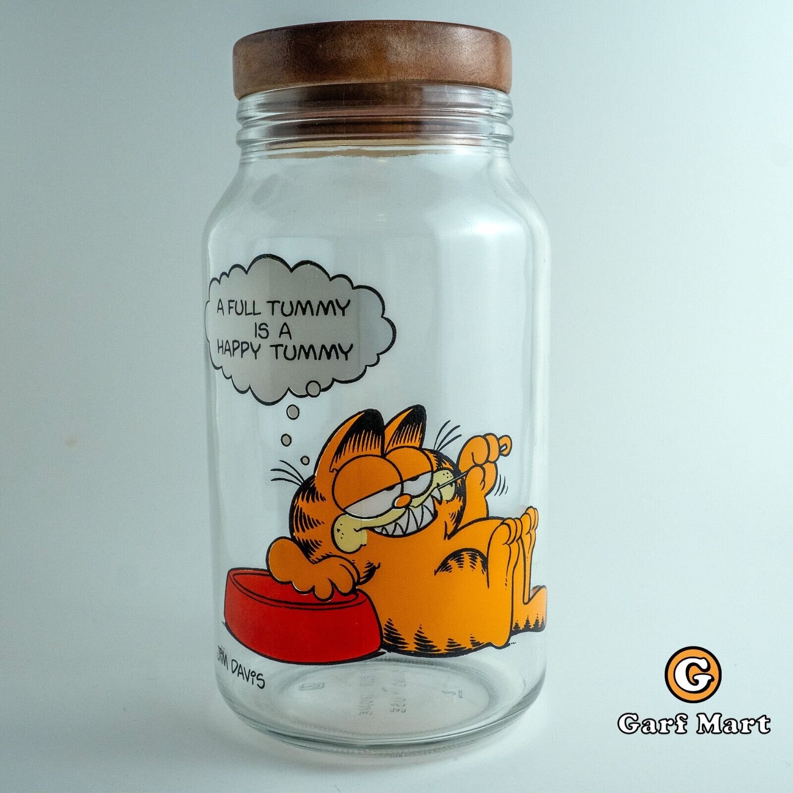 Vintage 1978 Garfield Glass Jar 9.5” A Full Tummy Is A Happy Tummy Garf Mart