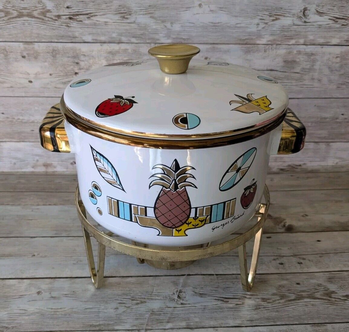 Vintage Georges Briard Ambrosia Enamel Pot w/ Lid and Chafing Stand 2 Quart MCM 
