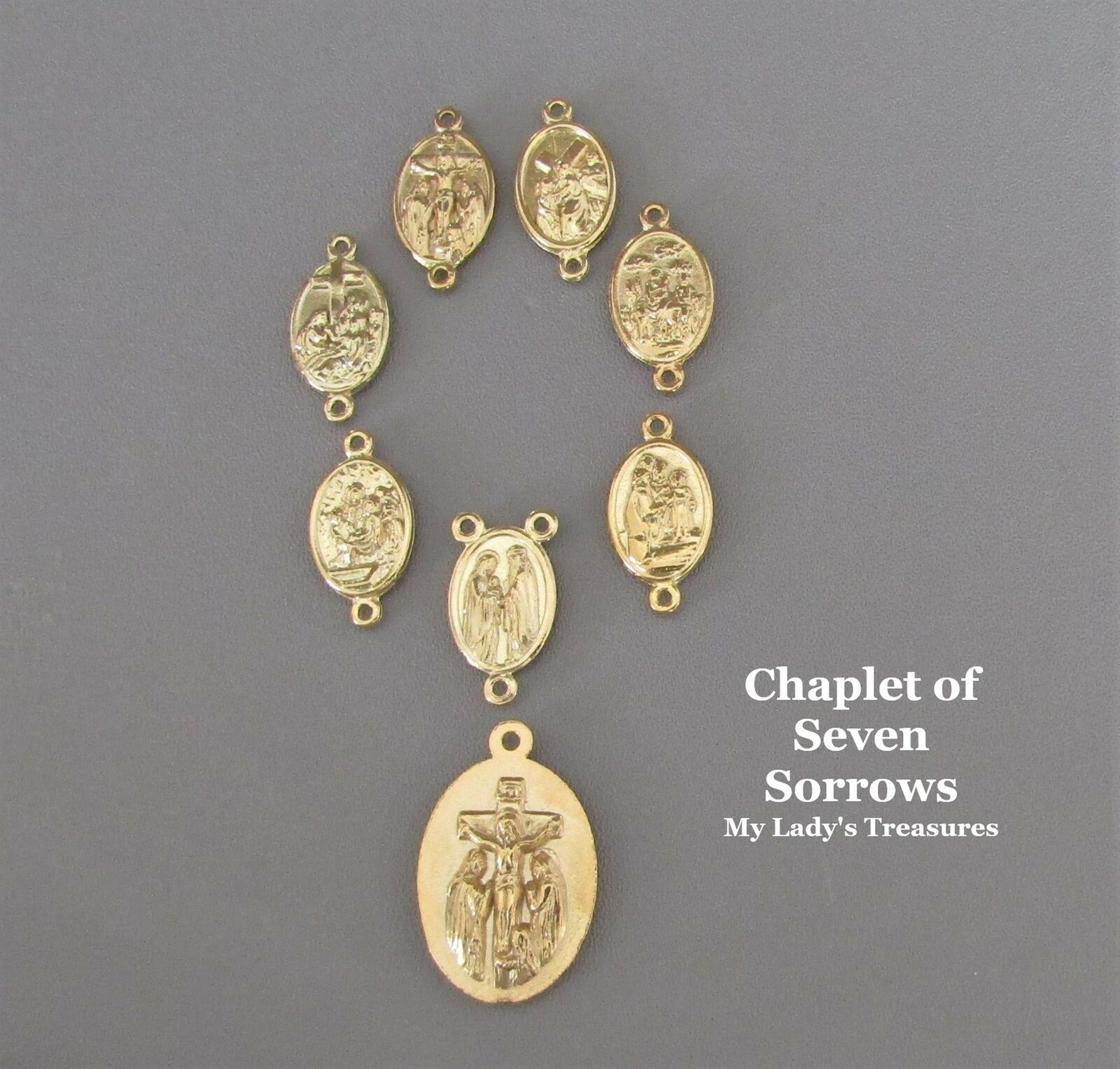 Seven 7 Sorrows Dolors Chaplet Set ~ 8 pc ITALY Rosary Centerpiece H105 GOLD