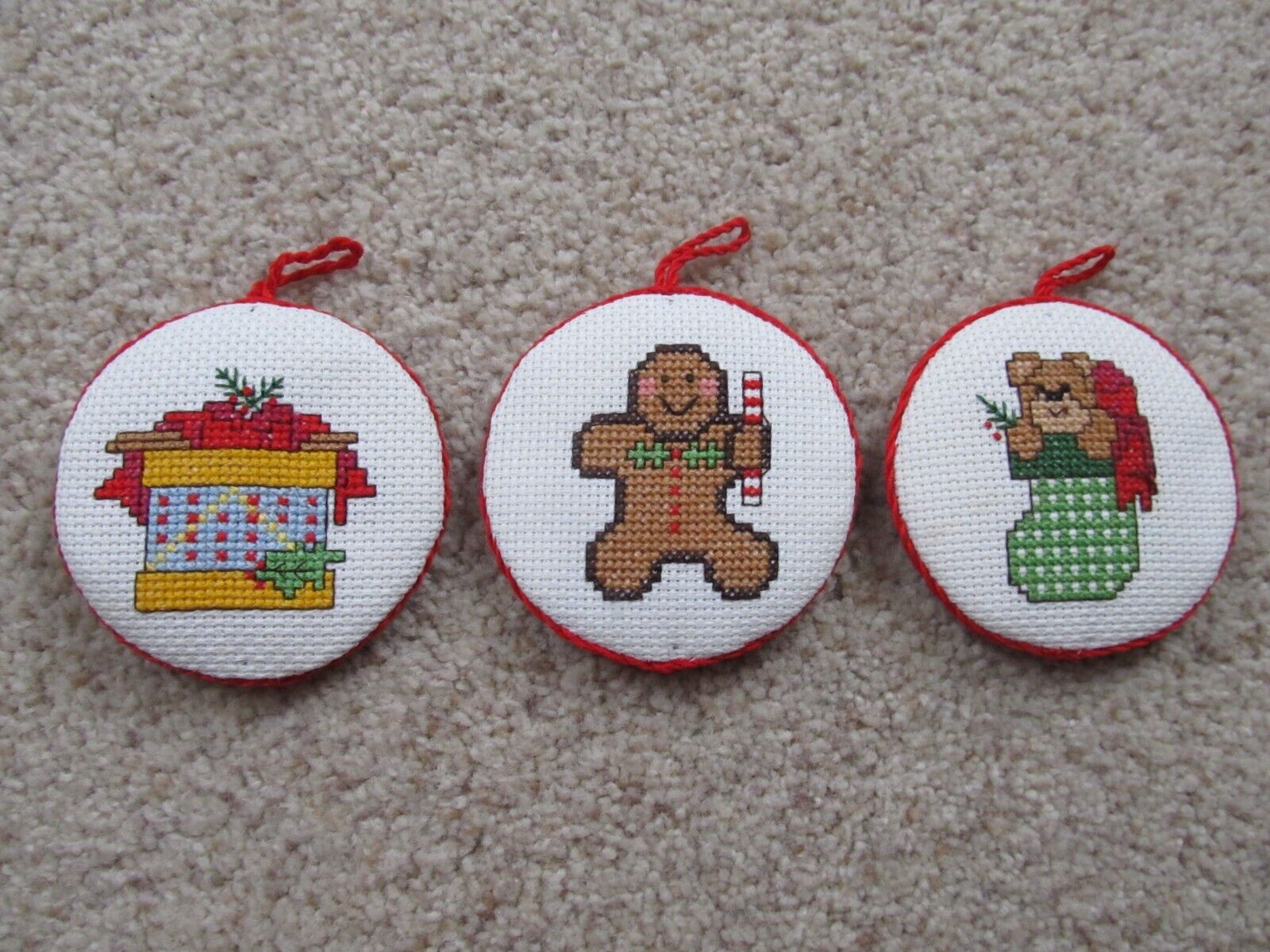 NEW Handcrafted Counted Cross Stitch Christmas Ornaments - Set of 3
