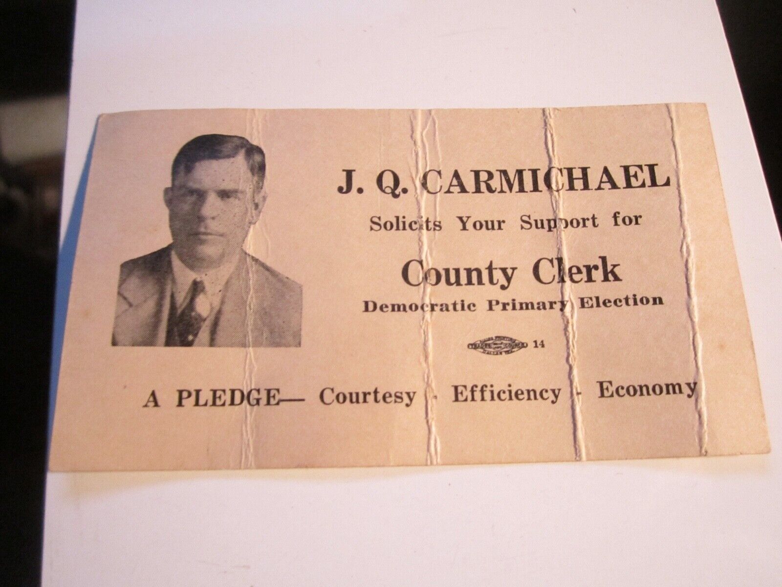 1950'S J.Q. CARMICHAEL COUNTY CLERK POLITICAL ADVERTISING BUSINESS CARD - BBA-45