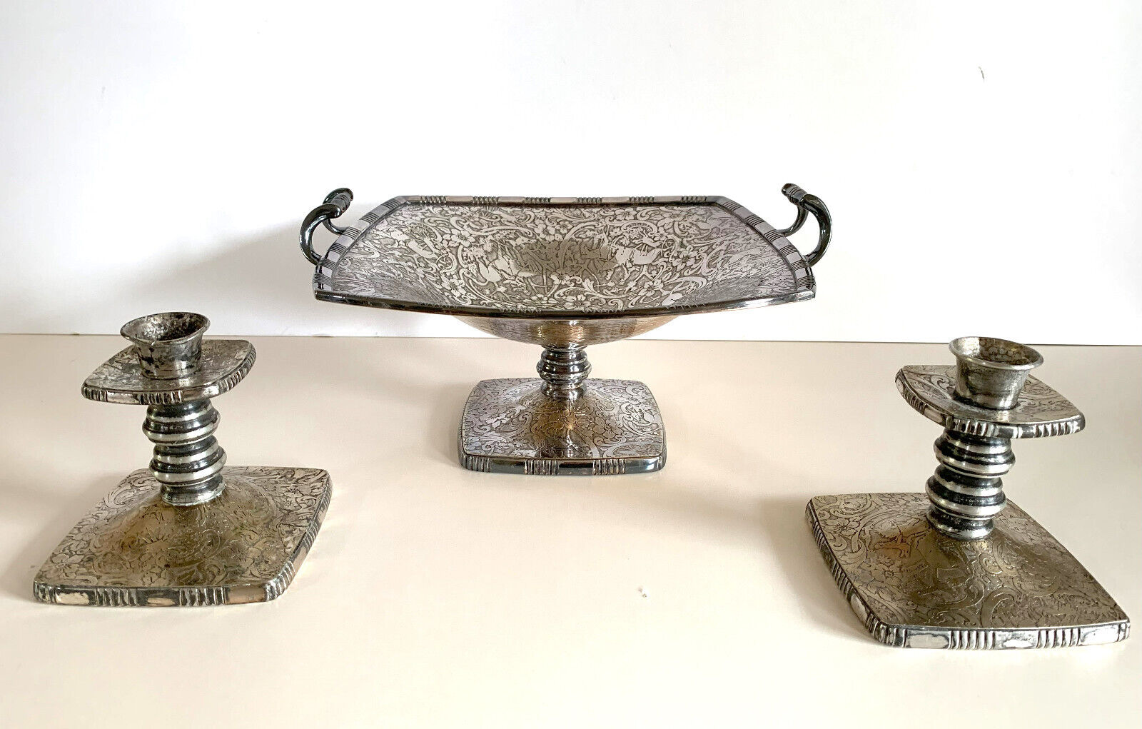 Rare Vintage Art Nouveau  W.B. MFG Silver Plate Sq. Equestrian Pedistal Bowl Set