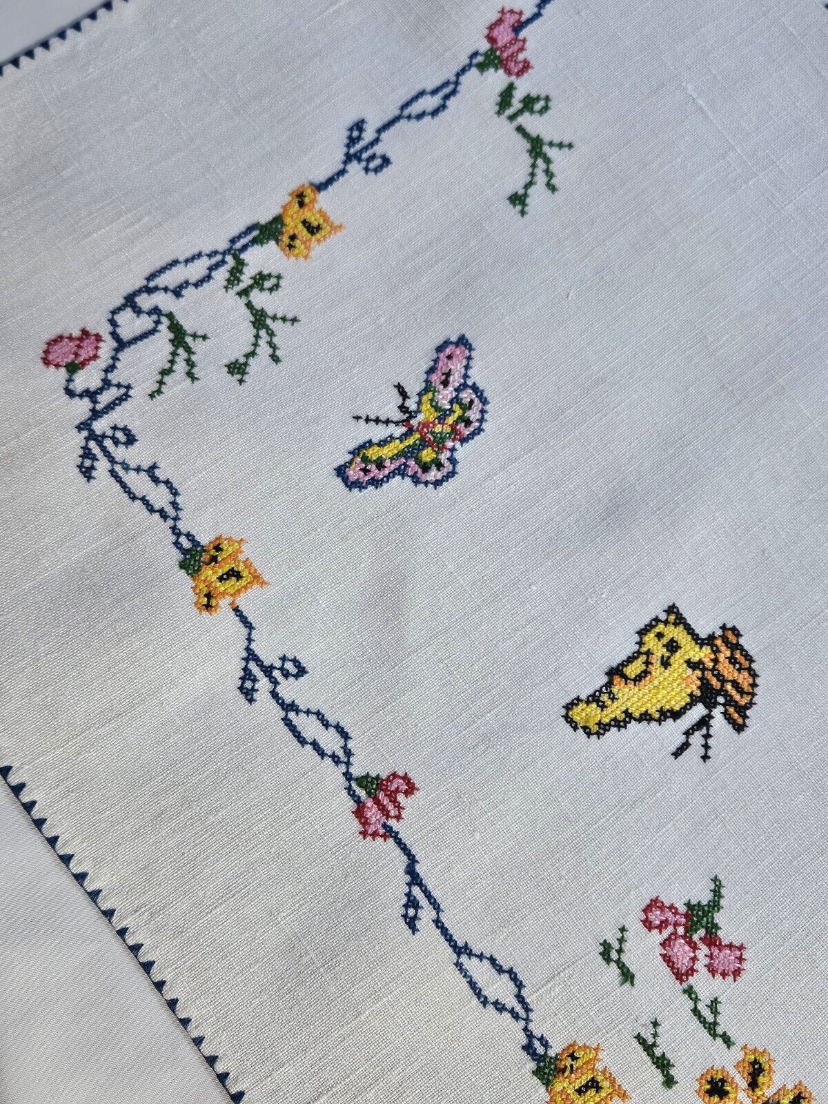 Vintage Cross Stitch Embroidered Linen Tablecloth Square Butterflies