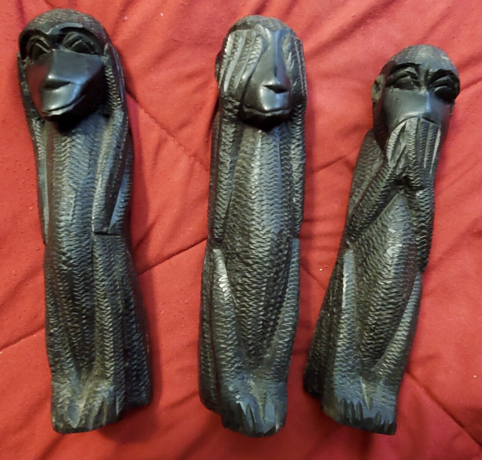 THREE Vintage Tall African-Style Ebony No Evil Monkey Figures 8” Tall