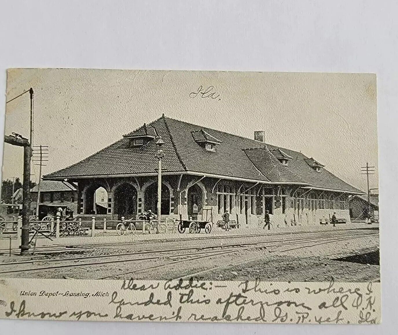 1906 Postcard Of Union Depot Train Station Wagon Lansing Michigan MI Antique 