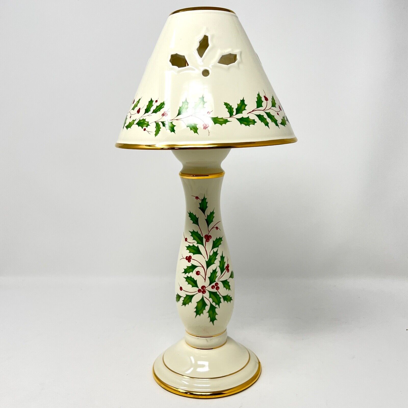 Lenox Holiday  Candle Lamp Pierced Holly Berry Design 14 Inches Tall