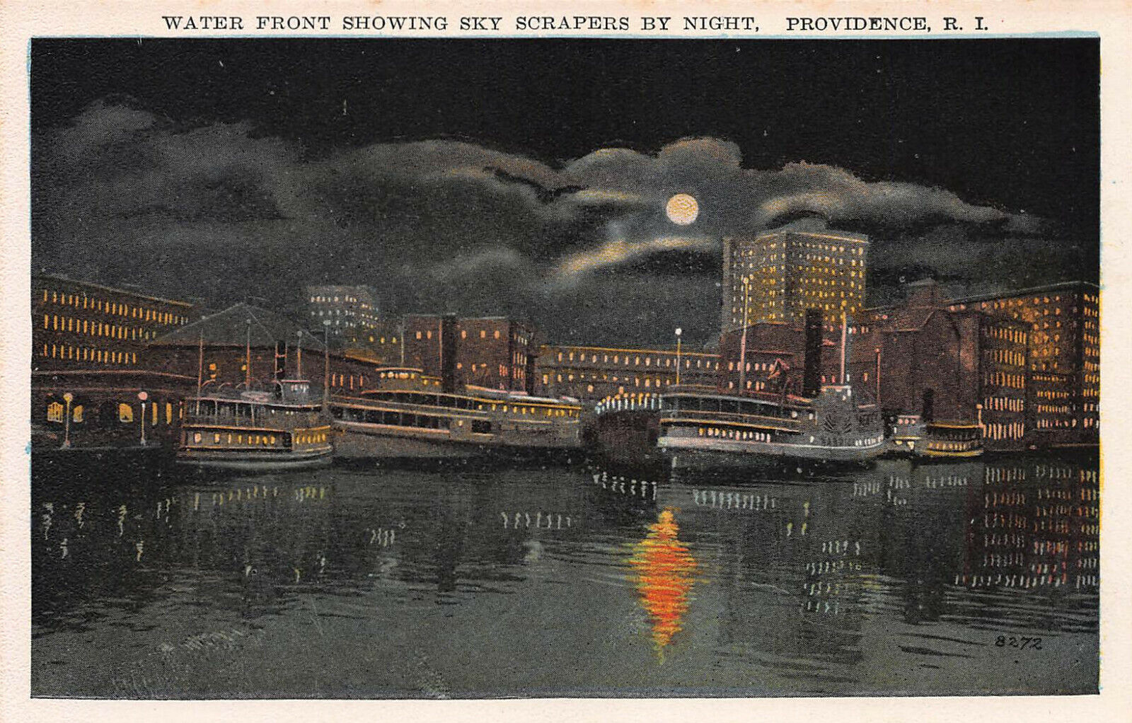 Water Front Showing Skyscrapers at Night, Providence, R.I., Early Postcard