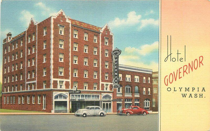 Autos Hotel Governor roadside Olympia Washington Teich linen Postcard 20-13702