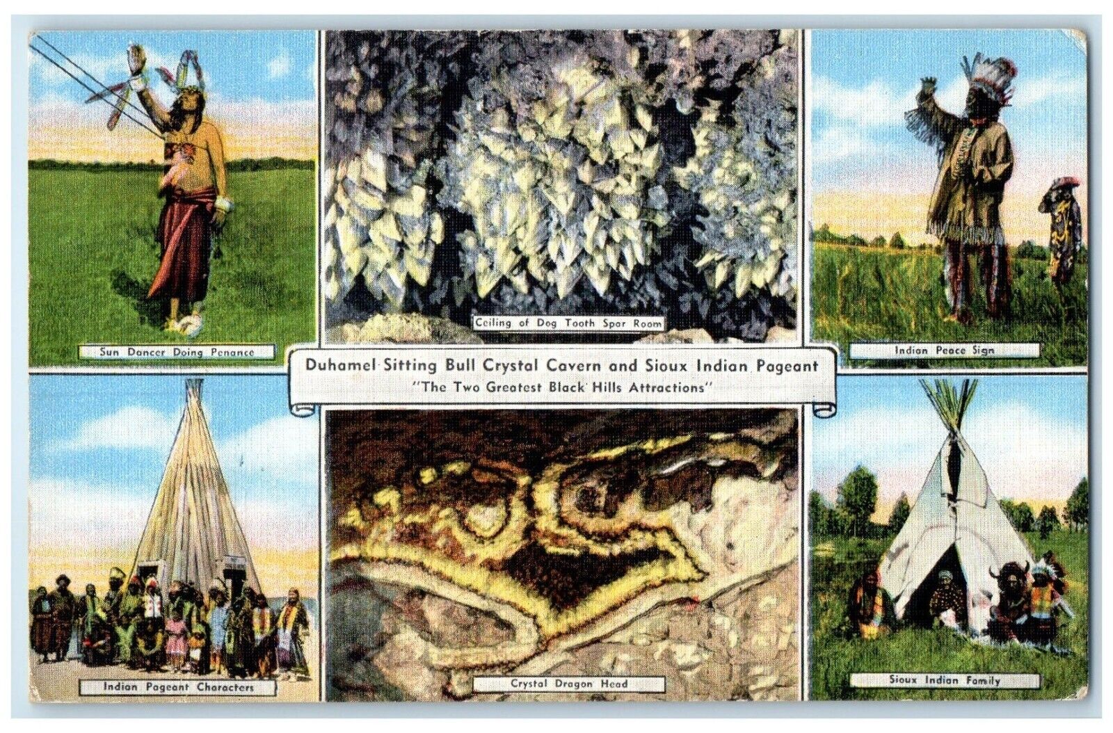1940 Duhamel Sitting Bull Crystal Cavern Sioux Indian Pageant Multiview Postcard
