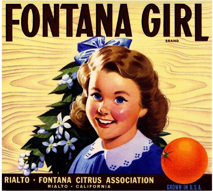 Rialto San Bernardino County Fontana Girl Orange Citrus Fruit Crate Label Print