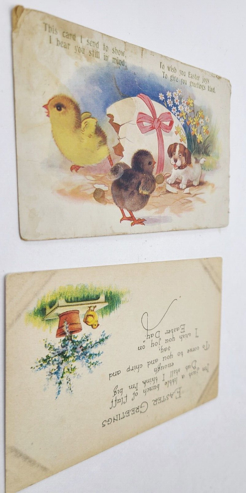 2 Antique Posted Easter Postcards - Chicks Puppy USA England