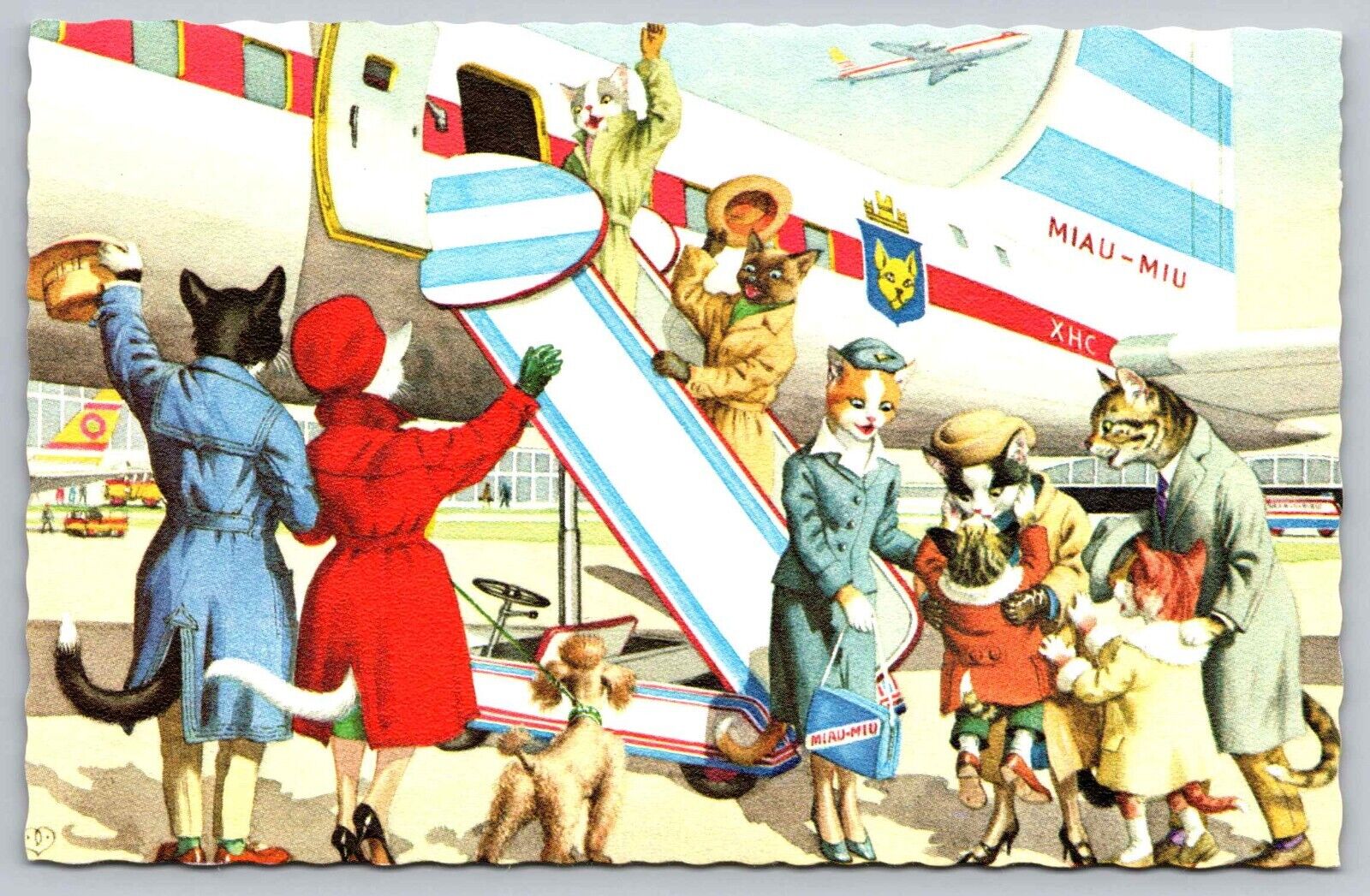 Postcard Mainzer Cats Boarding an Airplane Anthropomorphic