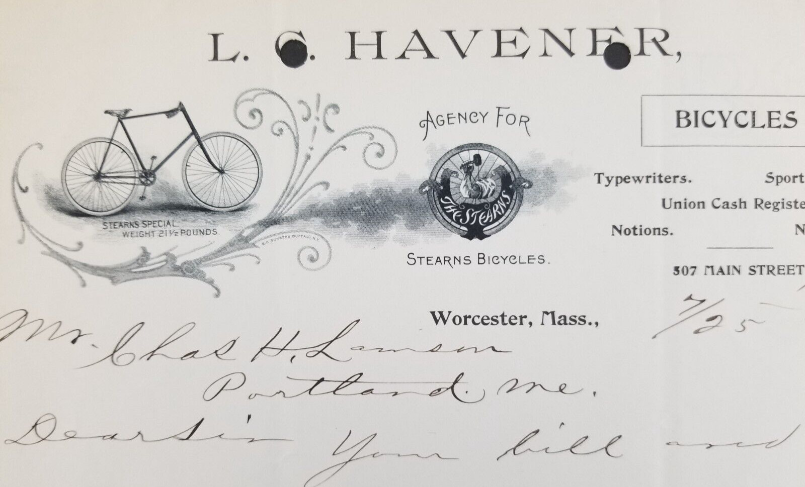 Antique 1894 Havener Stearns Bicycles Worcester Massachusetts Letterhead