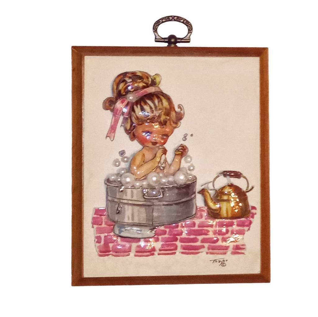 Vintage Thayer signed Wooden Bathroom Wall Plaque Little Girl in Washtub 5inx4in