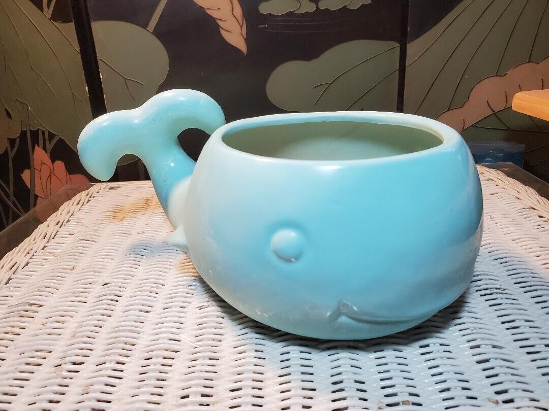 Large BLUE Ceramic Happy WHALE Planter - Whimsical & CUTE