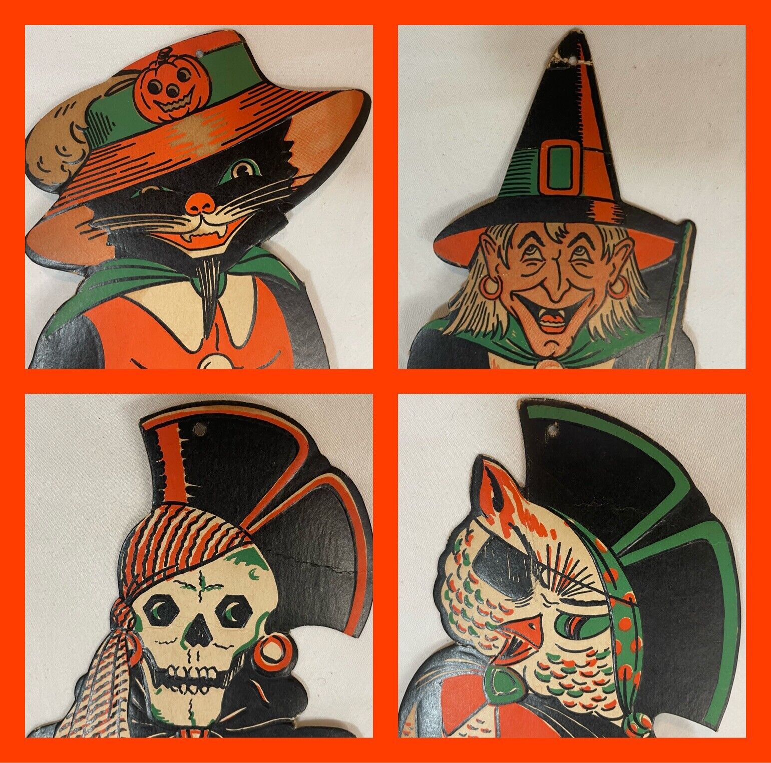 VTG Halloween Beistle 4 Embossed Diecuts 50s-60s Witch Cat Owl Pirate Repaired