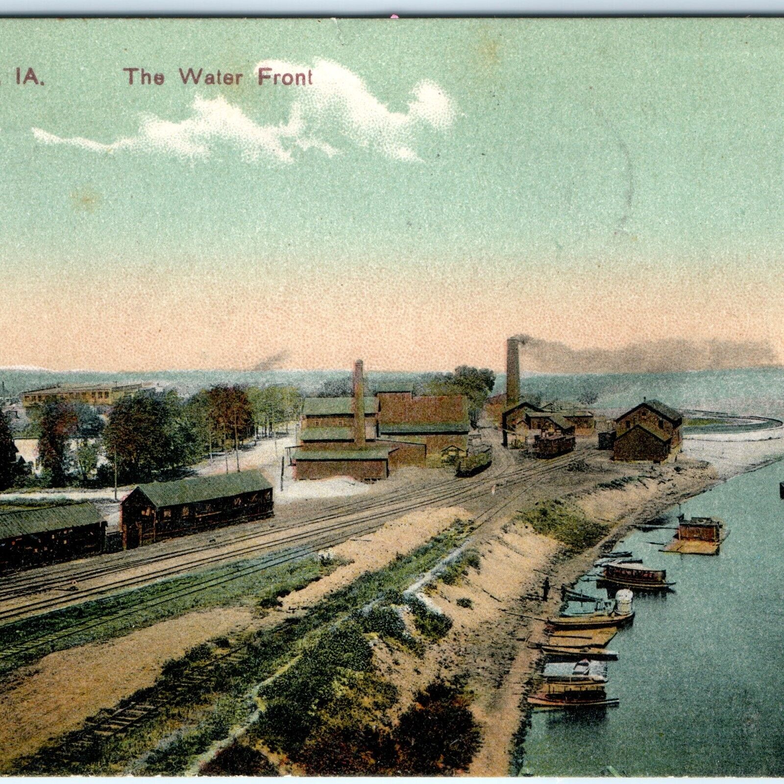 c1910s Clinton, IA Water Front Railway Downtown Birds Eye Postcard Boats Old A90