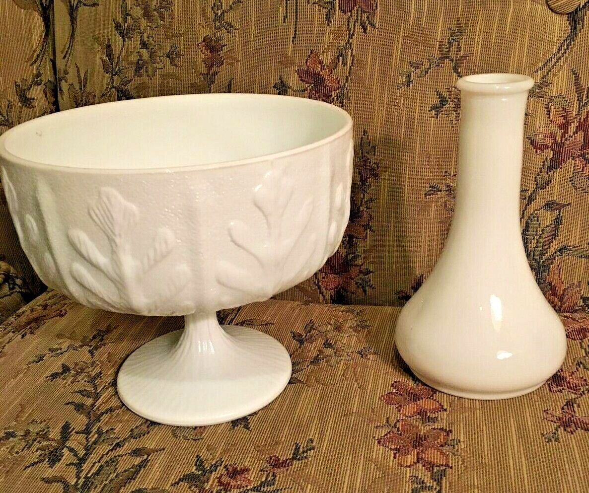 Vintage FTD Oak Leaves Pedestal White Milk Glass Planter + sleek milk glass vase