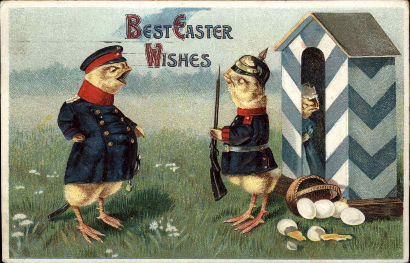 Easter Fantasy Chick Soldiers Miltiary Uniforms Broken Eggs c1910 Postcard