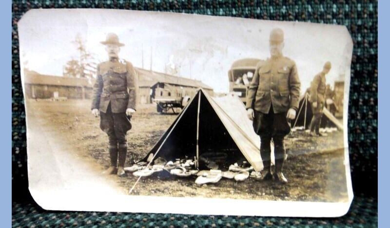 1919 antique WWI SOLDIER,UNIFORM,TENT,BARRACKS real photograph military