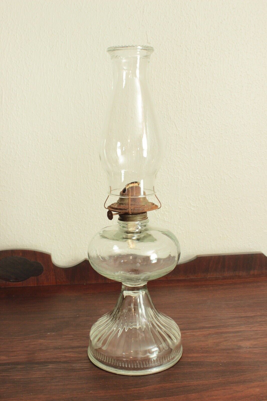 Vintage Antique Large Clear Glass Oil Lamp Pedestal Base, Burner & Chimney 18.75