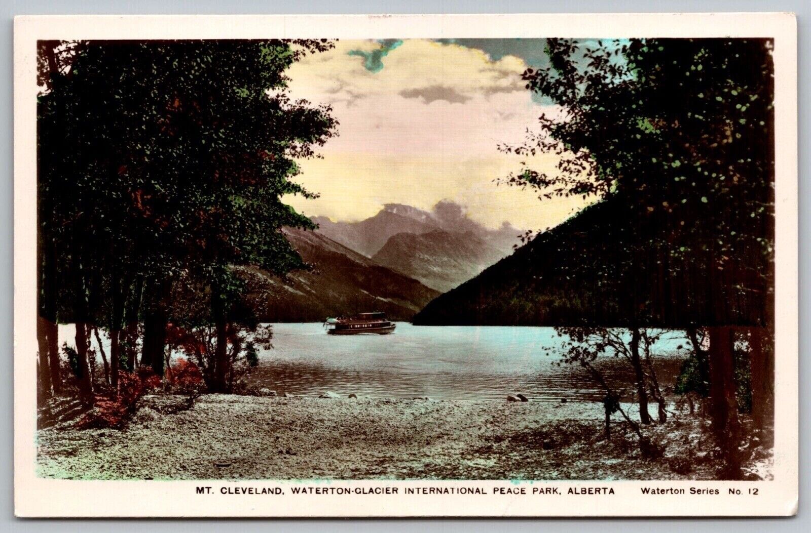 Mount Cleveland Waterton Glacier International Peace Park Alberta Boat Postcard